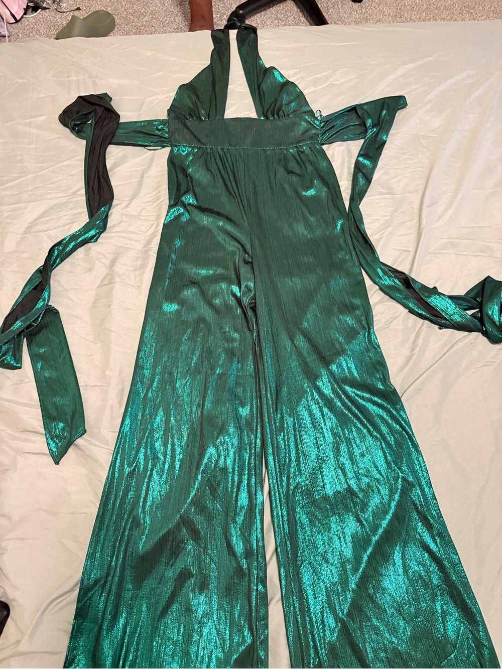 Fashion Nova Metallic Emerald Halter Wide-Leg Jumpsuit